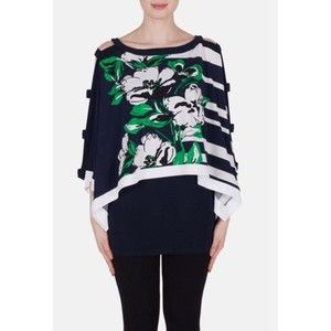 Joseph Ribkoff Sz 6 Poncho Style Blouse Top Navy Blue Green White Flower Cut Out